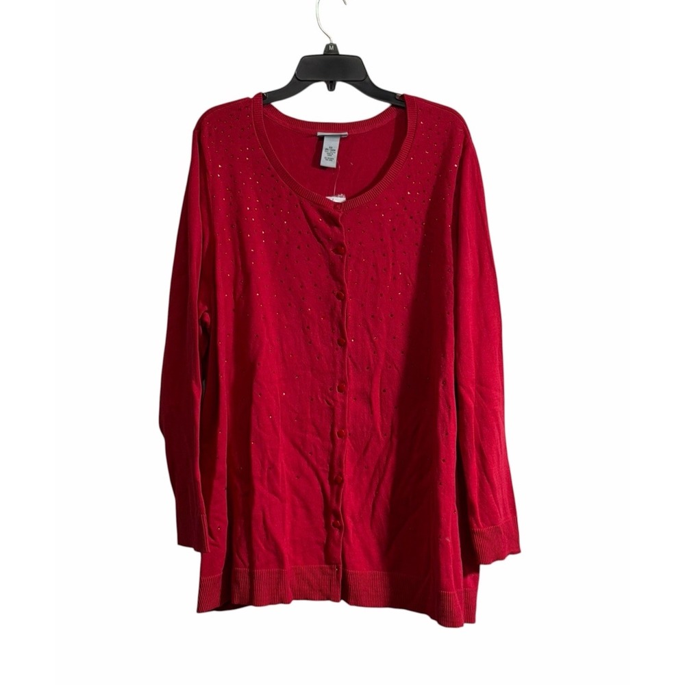 Catherines Cardigan 3X Red Beaded Button Festive Holiday Lightweight NWT